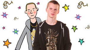 Frank with an illustrated version of himself.