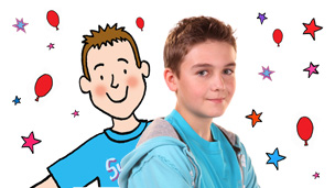 Johnny with an illustrated version of himself.