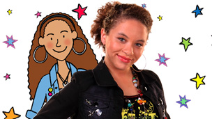 Sapphire with an illustrated version of herself.