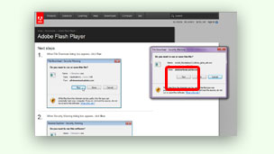 A download dialog box over an Adobe webpage.
