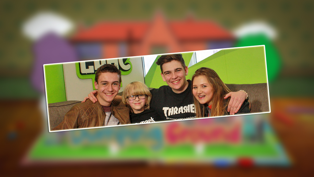 We asked the Dumping Ground actors your questions Rick, Johnny, Tee and Harry look to camera on a blue, starburst background.
