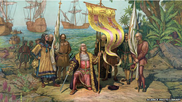 Ilustración antigua de la llegada de Colón a América