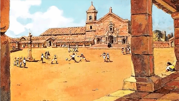 Pintura que muestra a los guaraníes jugando fútbol en las misiones jesuíticas.