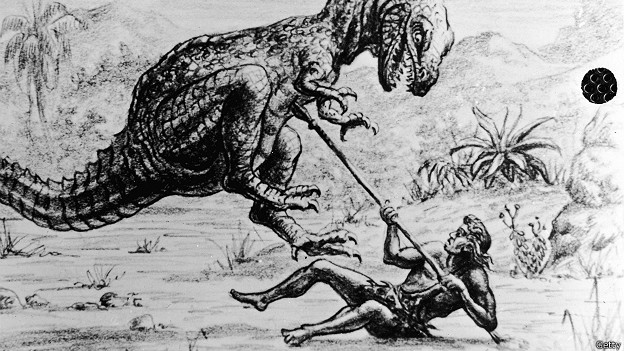 Черно-белая иллюстрация к фильму о динозаврах