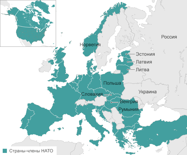 На карте обозначены страны НАТО, имеющие общую границу с Россией