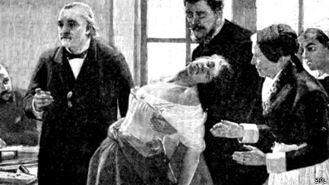 Neurólogo Jean-Martin Charcot demostrando un caso de histeria en 1886