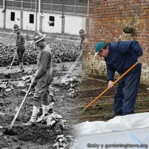 Veteranos trabajando en jardinería en 1917 y hoy, algo que ayuda a combatir el trauma de la batalla. Images courtesy of Getty and gardeningleave.org