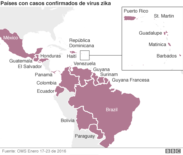 Mapa de países con casos de zika