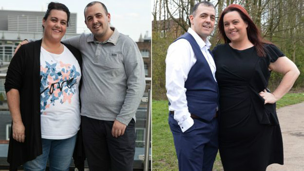 Celena y Pete antes (izquierda) y después (derecha) de estar 10 meses separados.