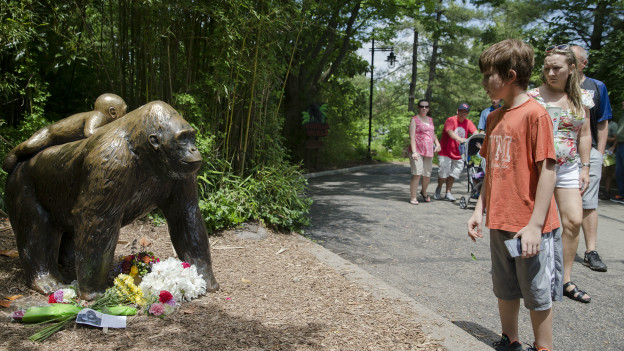 Flores en la estatua de los gorilas en el zoo de Cincinnati