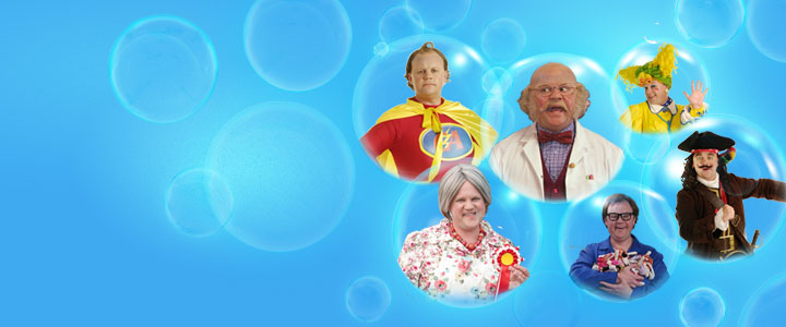 Characters from Gigglebiz inside bubbles on a blue background.